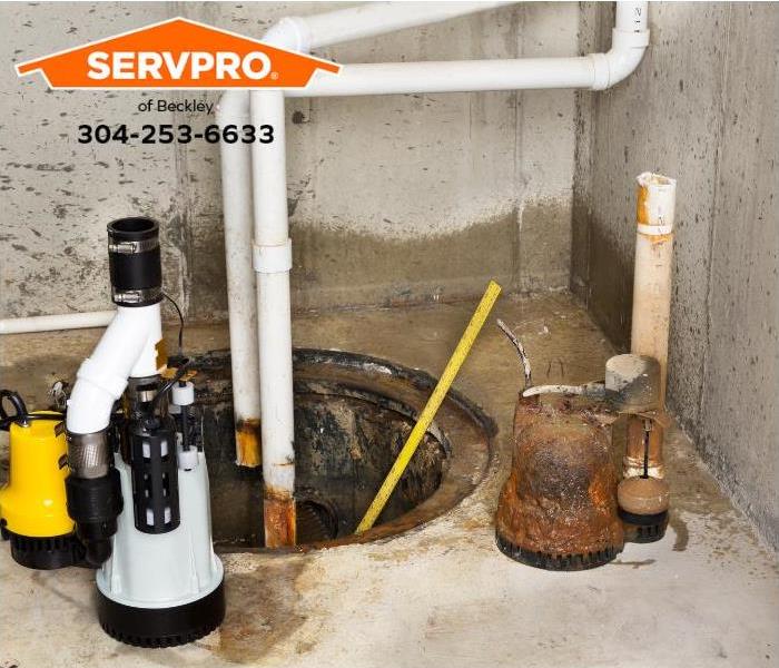 A sump pump is shown in a basement. 