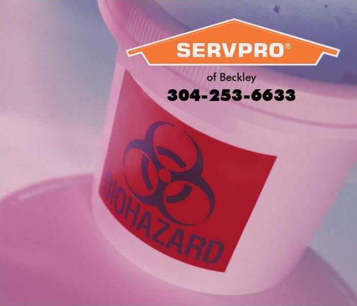 A white container with a label stating “biohazard” is shown. 